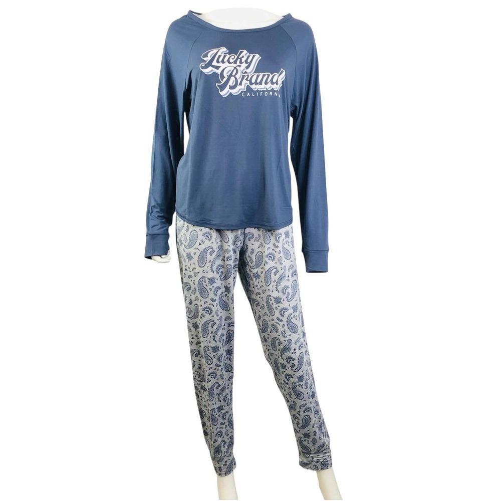 Lucky Brand Women's Pajama Set 2 Pc PJs Blue Gray Top Paisley Pants Size L NWT
